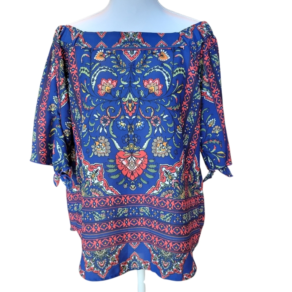 Verse Blue Boho Print Off The Shoulder Relaxed Fit Blouse Top